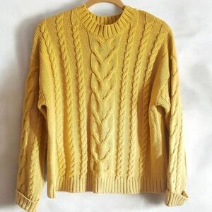 Zara Sweater Yellow Crewneck Cable Knitwear Youth Womens M Boho Chunky Pullover